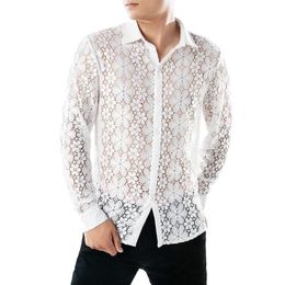 Lncdis Slim Lace Shirt Dress Men Fit Casual Soft Long Sleeve Shirts Formal Clothing Chemise Homme Blouse Handsome Hollow 102539