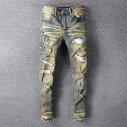Men's Jeans Delivery 2021 Snake Embroidered Retro Denim Slim Skinny Holes PU Leather Patchwork Stretch Pants243b