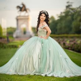 Sparkly Sage Green Lace Quinceanera Dresses Ball Gown 2024 Sweetheart Beaded Flower Off Shoulder Sweet 16 Dress Lace-up