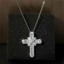 Hip Hop Vintage Fashion Jewelry 925 Sterling Silver Cross Pendant Jesus Pave White Sapphire CZ Diamond Women Clavicle Necklace Wit274b