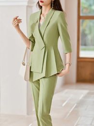 Women's Suits Blazers Half Sleeve Elegant Women Business Suits Spring Summer Formal Uniform Designs Pantsuits Professional Blazers Trousers Set S-4XL 231011