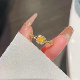 Cluster Rings Exquisite Small Gold Colour Twist Square Yellow Zircon Cute Accessories Wedding Engagement Party Fine Jewellery For Women