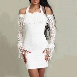 Casual Dresses 2021 Women Lace Patchwork Elegant White Slim Long Sleeve Off Shoulder Cocktail Party Club Bodycon Mini Pencil Dress242m