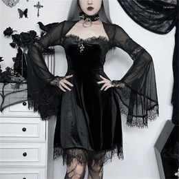 Casual Dresses Punk Gothic Harajuku Midi Dress For Women Black Long Sleeve Goth Sexy Lace Velvets Trendy Streetwear Dropship
