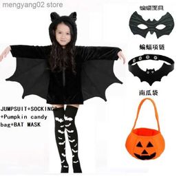 Theme Costume Kids Vampire Bat Jumpsuit Halloween Fancy Dress Outfit Cosplay Come Black Mask Pumpkin Candy Bag Girls T231011