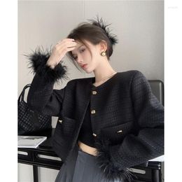 Women's Jackets 2023 Elegant Tweed Round Neck Sleeve Feather Design Short Black Coat Vintage Korean Chaquetas Mujer Women Plaid Jacket Tops