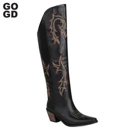 Boots GOGD Brand Fashion Womens The Knee Embroidered Western High y Heels Platform Shoes Cowboy Cowgirl 231010