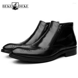 Boots Tip Vintage Brogue Wing Mens Ankle Business Work High Top Real Cow Leather Shoes British Pointed Toe Low Heel Footwear