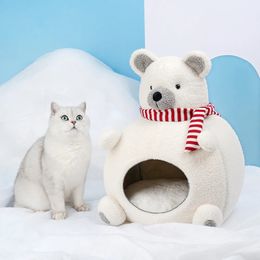 Cat Beds Furniture Cat Winter House Warm Fleece Pet Sleeping Basket Cute Bear Modelling Sofa Beds Comfortable Cats Nest 231011