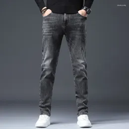 Men's Jeans 2023 Autumn Winter Brand Black Grey Fitted Straight Classic Style Young Smart Casual Slim Stretch Denim