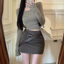 Women's T Shirts 2023 Summer High Street Fashion Solid Colour All Match Long-sleeved T-shirt Women Sexy Slim Mini Skirt Two-piece Suit