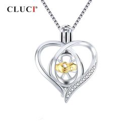 CLUCI 925 Locket for Women Necklace Jewelry Making 925 Sterling Silver Heart Zircon Pearl Cage Pendant SC362SB287R