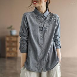 Women's Blouses 2023 Arrival Spring Women Long Sleeve Loose Turn-down Collar Casual Shirts Vintage Embroidery Cotton Linen Blouse