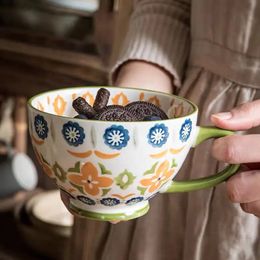 Mugs Handpainted Pastoral American Style Breakfast Oatmeal Cup Largecapacity Ceramic Mug Coffee Milk Home Kitchen Tableware 231011