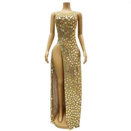 Stage Wear Silver Gold Mirrors Rhinestones Mesh Long Dress Birthday Celebrate Sexy Sleeveless Clothes Evening Show Wedding Dresses