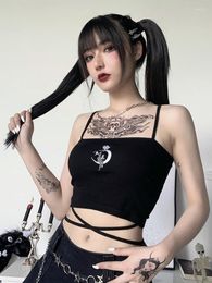 Women's Tanks Goth Dark Gothic Moon Camis Punk Black Bandage Rose Graphic Embroidery Women Crop Tops Backless Sleeveless Summer Bodycon Top