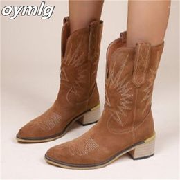 Boots 2023 Autumn And Winter Pointed Toe Chunky Heel Embroidered Sleeve Mid-tube Western Cowboy For Women