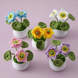 Decorative Flowers Crochet Artificial Lotus Bonsai Hand Knitted Flower Potted Ornaments Office Table Home Decor Handmade Woven Crafts Gift