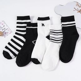 Women Socks 1 Pair Autumn Cotton Black And White Striped Mid-tube Japanese Korean Style JK Letters Soft Breathable In