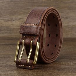 Other Fashion Accessories Belt For Men Leather Work Heavy Duty Double Buckles Dlawed Genuine Leather 3.8cm Male Copper Buckle Retro Brown Men's Belt 231011