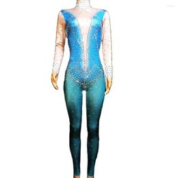 Stage Wear Blue Shining Rhinestones Sexy Backless Halter Women Jumpsuits Pole Dance Costume Party Club Bar Clothing Rave Outfits