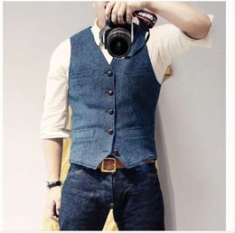 Men's Vests Suit Vest Blue Single Breasted Woolen Blended Mens Denim Jeans Waistcoat Jacket Slim Fit Casual Formal Business 231011