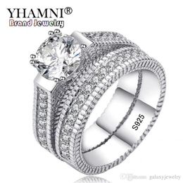 YHAMNI 100% Real 925 Sterling Silver Rings Set Hearts and Arrows 1ct CZ Diamond Wedding Rings for Women Double Engagement Ring MR1299y