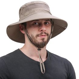 Wide Brim Hats Bucket Hats Summer Men Bucket Hat Outdoor UV Protection Wide Brim Panama Safari Hunting Hiking Hat Mesh Fisherman Hat Beach Sunscreen Cap 231010