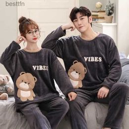 Men's Sleepwear 2022 Winter Couple Long Sleeve Thick Warm Flannel Pajama Sets For Men Korean Cute Cartoon Sleepwear Women Homewear Home ClothesL231011