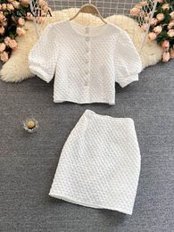 Work Dresses 2023 Summer Fashion Elegant Sweet Chic Women Skirt Sets Puff Sleeve Thin Suit With Short Top High Waist 2 Piece Set