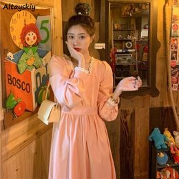 Casual Dresses Women Sweet Tender Square Collar Lace Korean Style Long Lantern Sleeve Spring Loose Trendy Female Vestidos Patchwork