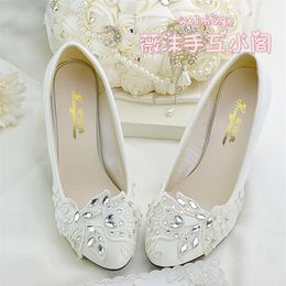 Handmade Ivory Crystal Lace Wedding Shoes Flat 4 5cm 8cm Kitten Heels Bridal Bridesmaid Shoes For Weddings Slip-ons Rhinestones Cr243j