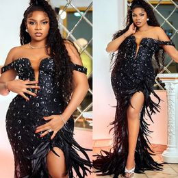 2023 Oct Aso Ebi Arabic Mermaid Black Prom Dress Crystals Feather Evening Formal Party Second Reception Birthday Engagement Gowns Dresses Robe De Soiree ZJ315