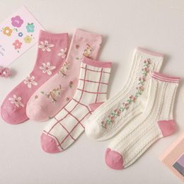 Women Socks Pink Colours Autumn Women's Female Twisted Tube Sweet Flower Sock Small Floral Student Kawaii Cute