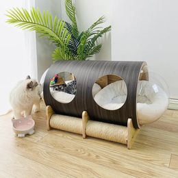 Cat Beds Furniture 90x45x43cm Wooden Cat Space Capsule with Cushion Cat Modern Acrylic Transparent Closed Tunnel Small Pets Bed Cat Dog Furniture 231011