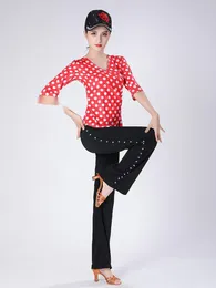 Stage Wear Dots Ballroom Women 2023 Waltz Dance V Neck Tops Adult Modern Suit Latin Elegant Standard Street Girls Line Pants 6XL