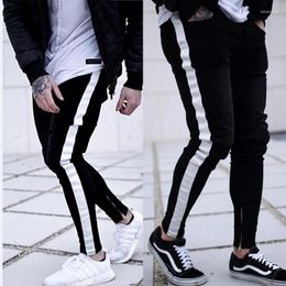 Men's Jeans Mens Tight Black Casual Slim Zip Leggings Striped Men Pants Streetwear Fashion
