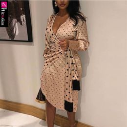 Women Polka Dot Spliced Wrap Dress Vneck Long Sleeve Spring Fall Elegant Bodycon Party Dress Y200418290l