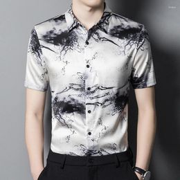 Men's Casual Shirts Chinese Style Real Silk High-End Men Shirt Short Sleeve 3D Print Summer Soft Comfortable Easy Care Premium Banquet