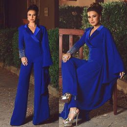 2021 Sapphire Blue Evening Dresses Rhinestone Pearls Prom Dress Long Sleeve Pants V Neck Special Occasion Dresses263h