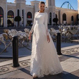 O-Neck A-Line Wedding Dress Long Sleeve Lace Appliques Modern Satin Bride Gown Button Floor Length Vestidos de Novia