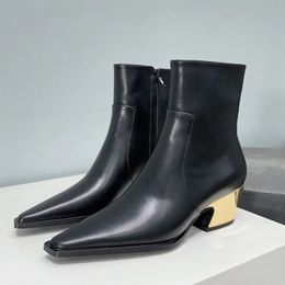 Genuine Leather Black Ankle Boots Elegant Pointed Toe Gold Heel Winter Dress Shoes Formal Ladies Chelsea Boots