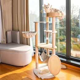 Cat Beds Furniture Cat Tree House Wooden Cat Towers Condo Pet Furniture Spacious Sleep Bed for Cat Hammock Scratching Sisal Post and Cat Toy Balls 231011