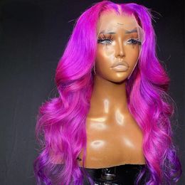 Peruvian Hair Hot Pink Colored 360 Lace Front Wig Loose Body Wave Virgin Simulation Human Hair Wigs for Women Preplucked