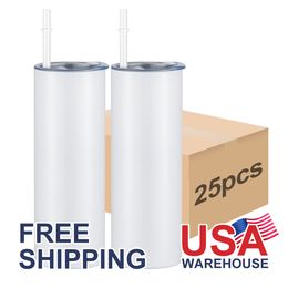 Stainless steel sublimation cup with straw USA CA warehouse stock white 20oz dye sublimation blank with lid and straw