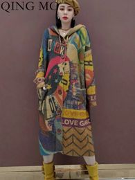 Misturas de lã feminina Qing mo 2023 primavera outono estilo lã malhas moda trench coat com capuz cardigan suéter feminino streetwear zxf901 231011