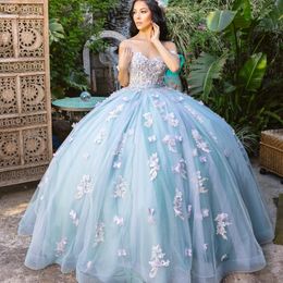 Aqua Blue Ball Gown Quinceanera Dresses Vestidos De 15 Anos Party Applique 3DFlower Cinderella 16 Birthday Princess Gowns