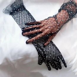 Five Fingers Glove's elegant shiny diamonds beaded party dancing long mesh glove female spring summer sunscreen black lace R3067 231010