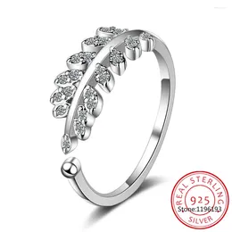 Cluster Rings 925 Sterling Silver Feather Opening Ring Pave Setting CZ Olive Branch Leaves Adjustable For Women Fine Jewellery BSR469-E