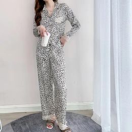 Home Clothing Leopard Sleepwear Autumn Satin Pajamas For Women Two Piece Shirt&Pants Lounge Wear Casual Nightwear Intimate Lingerie